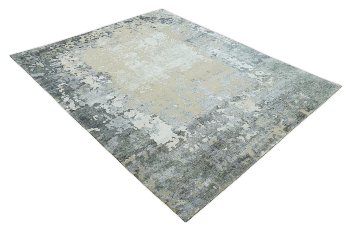 Modern Abstract 8x10 Beige, Ivory and Gray Hand Knotted Bamboo Silk and Wool Area Rug