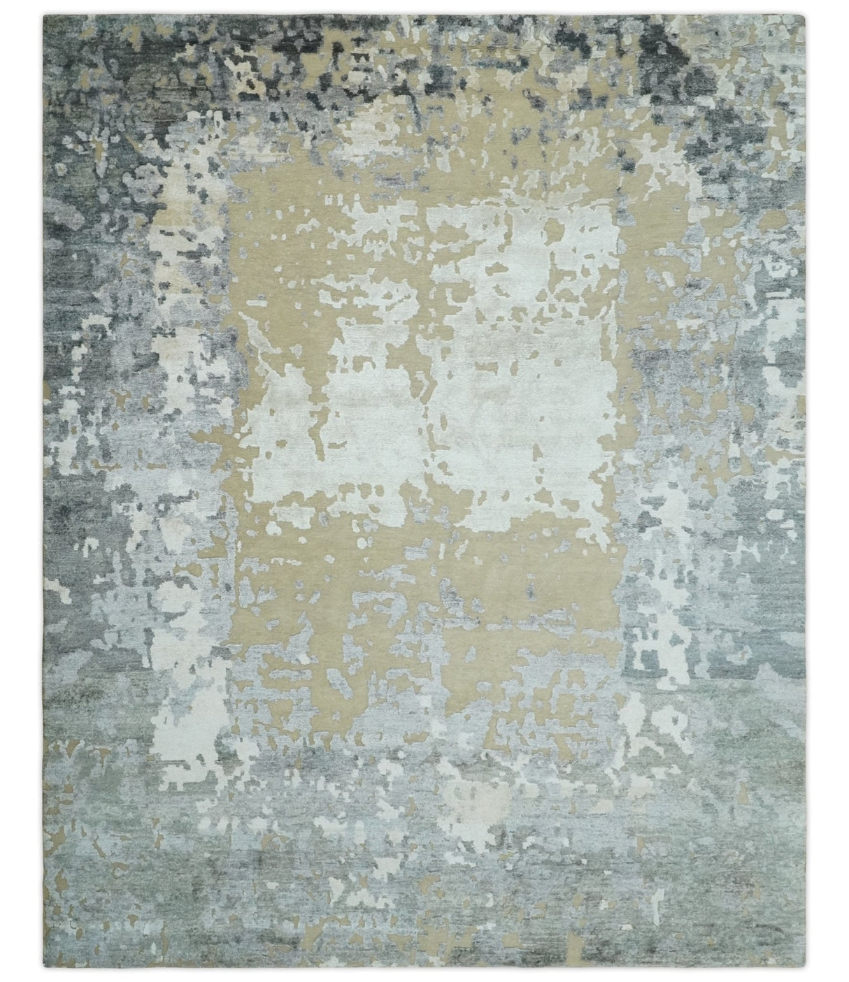 Modern Abstract 8x10 Beige, Ivory and Gray Hand Knotted Bamboo Silk and Wool Area Rug
