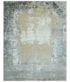 Modern Abstract 8x10 Beige, Ivory and Gray Hand Knotted Bamboo Silk and Wool Area Rug