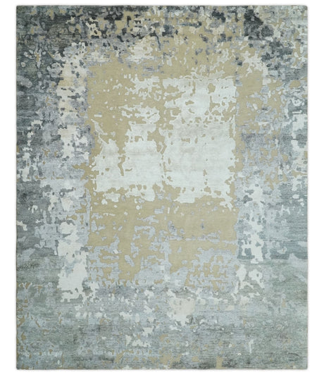 Modern Abstract 8x10 Beige, Ivory and Gray Hand Knotted Bamboo Silk and Wool Area Rug