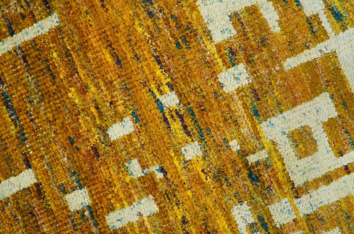 Modern Abstract 8x10 Gold, Rust and Ivory Hand Knotted Recycled Art Silk Rug