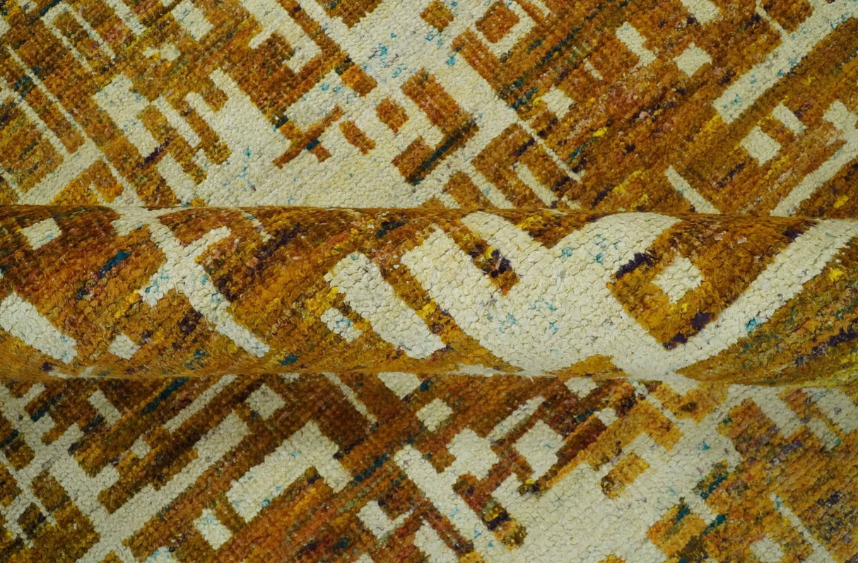 Modern Abstract 8x10 Gold, Rust and Ivory Hand Knotted Recycled Art Silk Rug