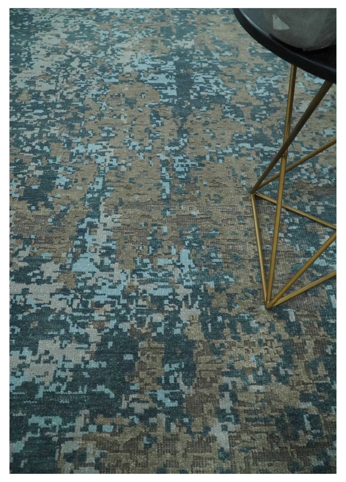 Modern Abstract 8x10 Hand Knotted Blue, Silver and Brown Low Pile Wool Rug | AC33810