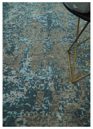Modern Abstract 8x10 Hand Knotted Blue, Silver and Brown Low Pile Wool Rug | AC33810