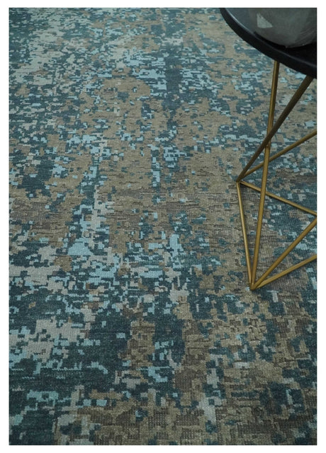 Modern Abstract 8x10 Hand Knotted Blue, Silver and Brown Low Pile Wool Rug | AC33810