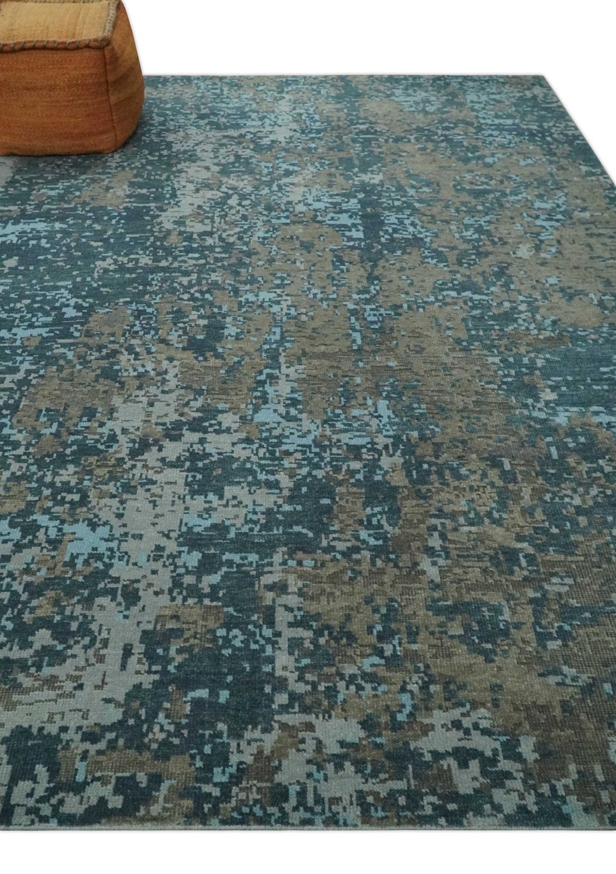 Modern Abstract 8x10 Hand Knotted Blue, Silver and Brown Low Pile Wool Rug | AC33810