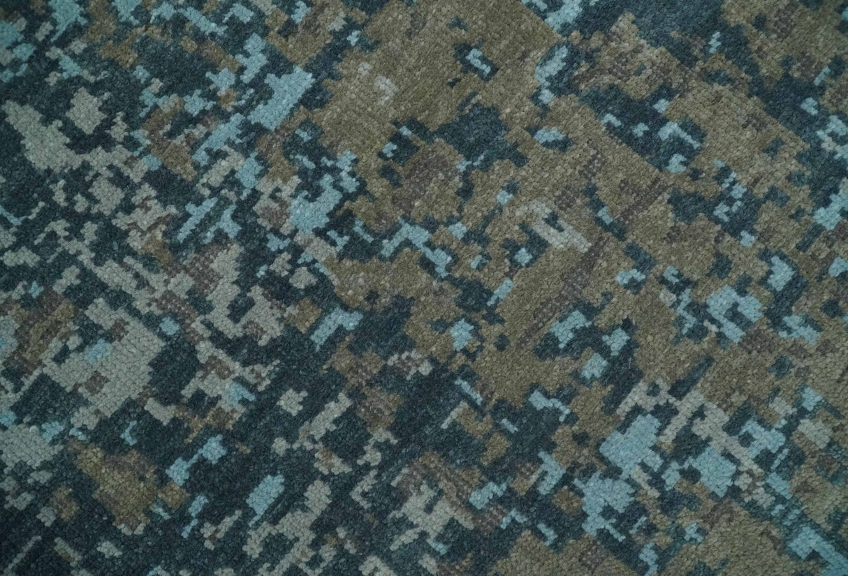 Modern Abstract 8x10 Hand Knotted Blue, Silver and Brown Low Pile Wool Rug | AC33810