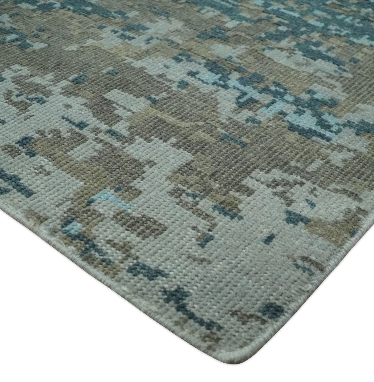 Modern Abstract 8x10 Hand Knotted Blue, Silver and Brown Low Pile Wool Rug | AC33810