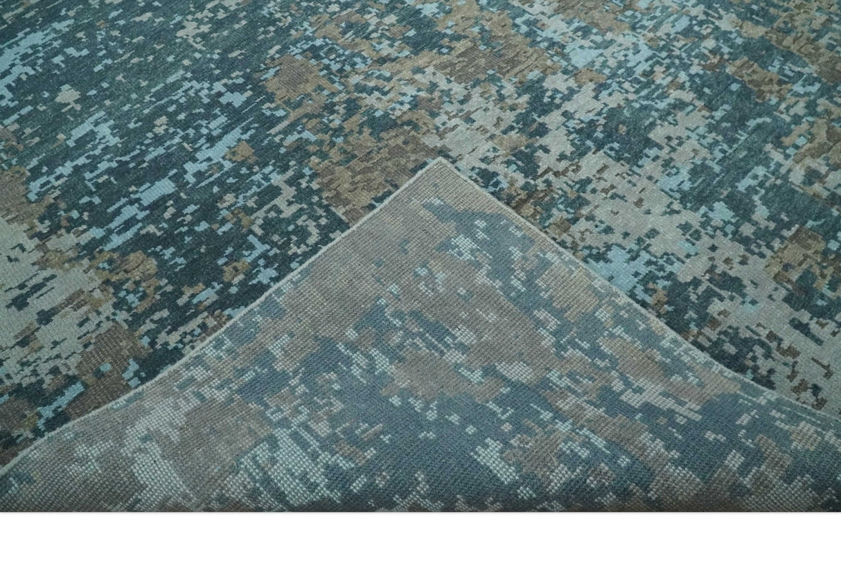 Modern Abstract 8x10 Hand Knotted Blue, Silver and Brown Low Pile Wool Rug | AC33810