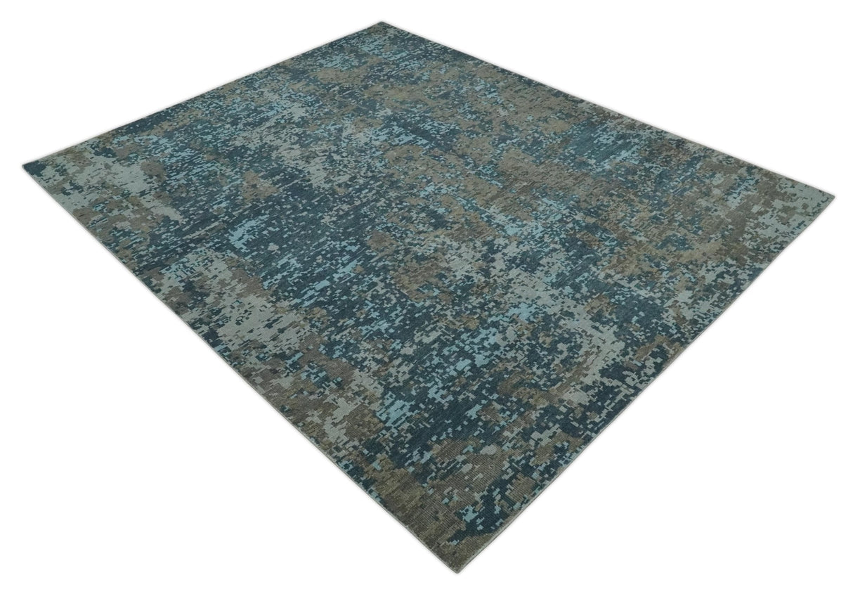 Modern Abstract 8x10 Hand Knotted Blue, Silver and Brown Low Pile Wool Rug | AC33810