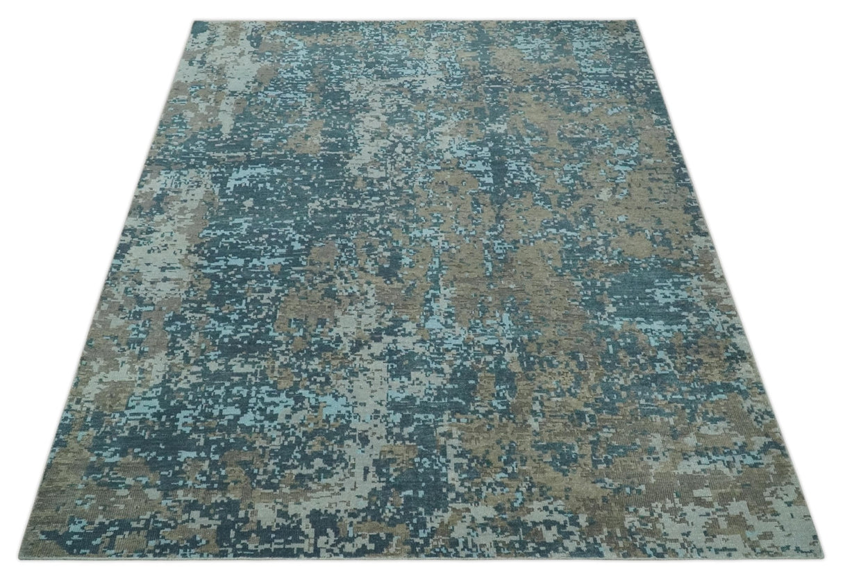 Modern Abstract 8x10 Hand Knotted Blue, Silver and Brown Low Pile Wool Rug | AC33810