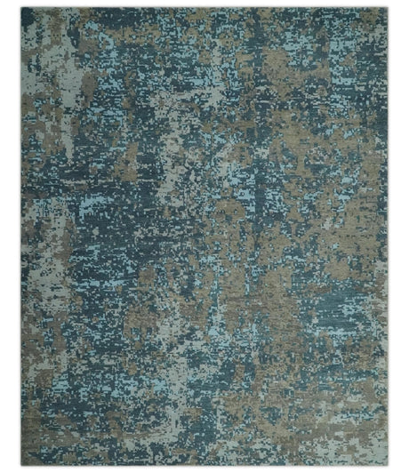 Modern Abstract 8x10 Hand Knotted Blue, Silver and Brown Low Pile Wool Rug | AC33810