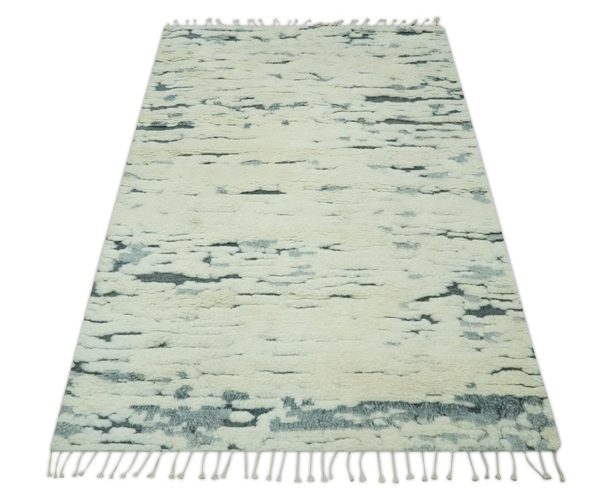Modern Abstract Beige and Gray Hand Knotted Moroccan Style Plush Pile 5x8 wool Rug