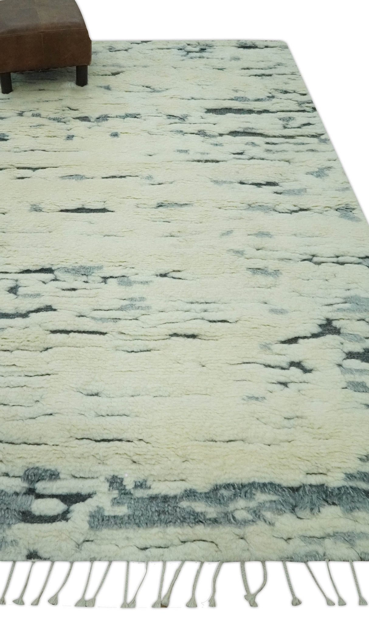 Modern Abstract Beige and Gray Hand Knotted Moroccan Style Plush Pile 5x8 wool Rug