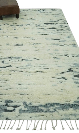 Modern Abstract Beige and Gray Hand Knotted Moroccan Style Plush Pile 5x8 wool Rug