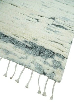 Modern Abstract Beige and Gray Hand Knotted Moroccan Style Plush Pile 5x8 wool Rug