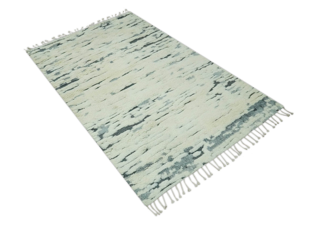 Modern Abstract Beige and Gray Hand Knotted Moroccan Style Plush Pile 5x8 wool Rug