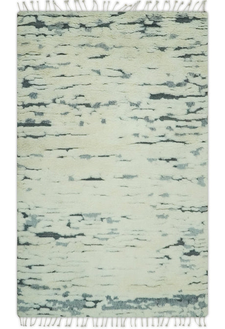 Modern Abstract Beige and Gray Hand Knotted Moroccan Style Plush Pile 5x8 wool Rug