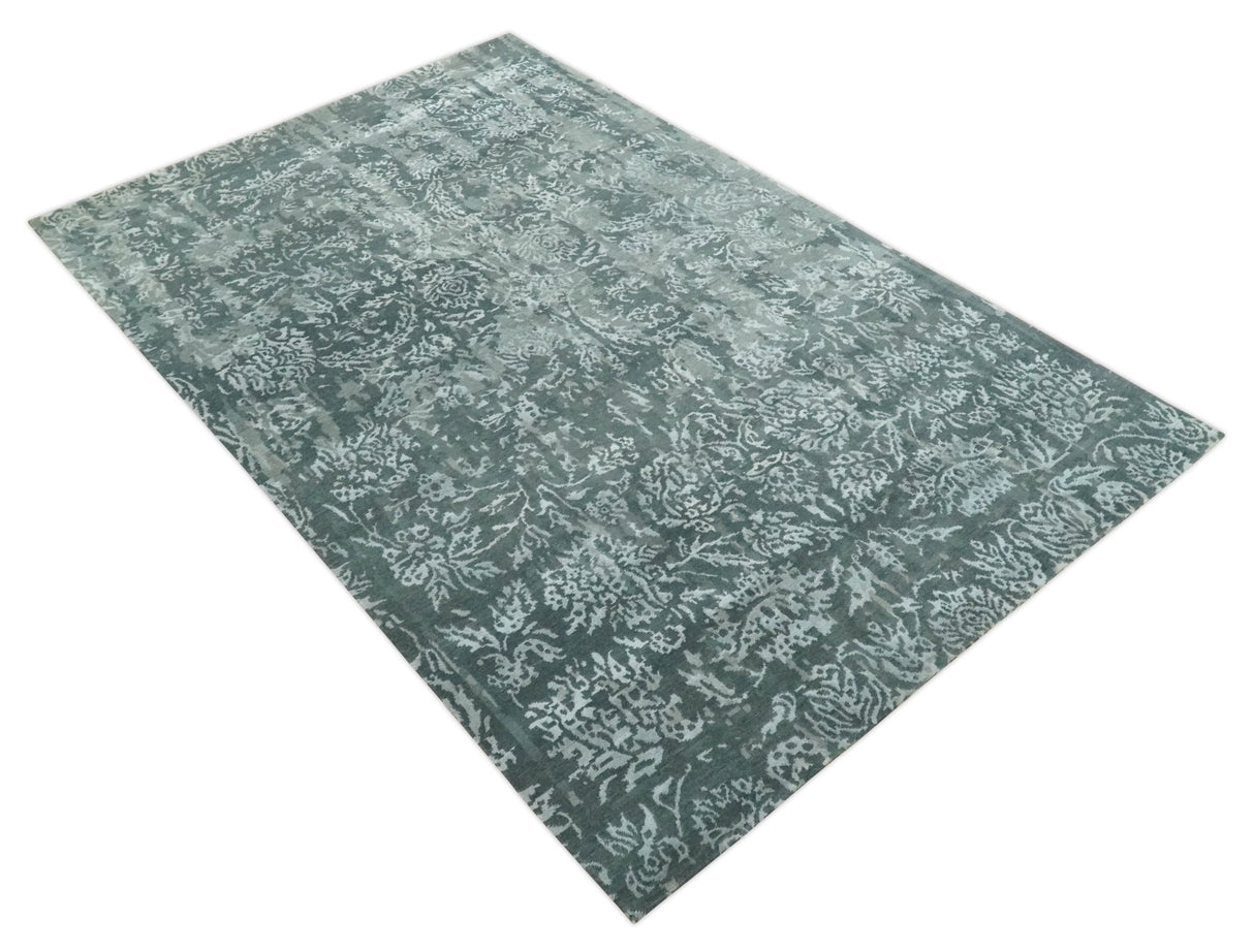 Modern Abstract Charcoal, Grey and Silver Hand Knotted 6x9.4 Floral Wool and Silk Area Rug