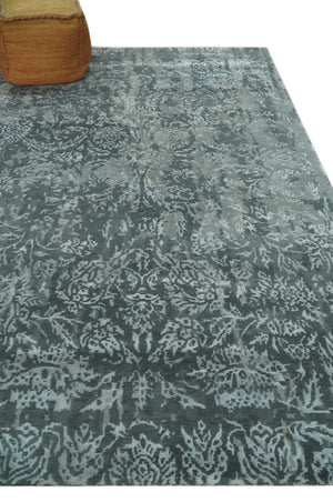 Modern Abstract Charcoal, Grey and Silver Hand Knotted 6x9.4 Floral Wool and Silk Area Rug