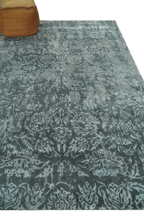 Modern Abstract Charcoal, Grey and Silver Hand Knotted 6x9.4 Floral Wool and Silk Area Rug