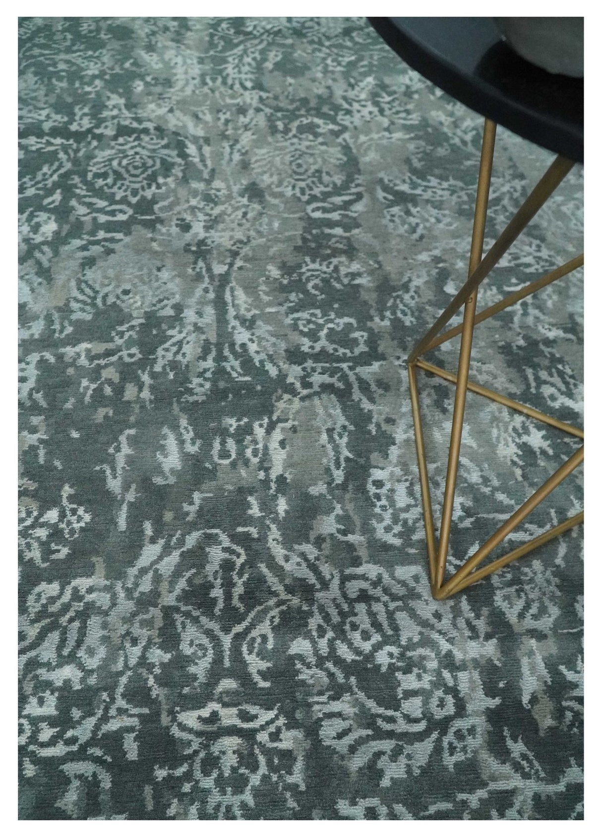 Modern Abstract Charcoal, Grey and Silver Hand Knotted 6x9.4 Floral Wool and Silk Area Rug