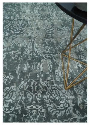 Modern Abstract Charcoal, Grey and Silver Hand Knotted 6x9.4 Floral Wool and Silk Area Rug