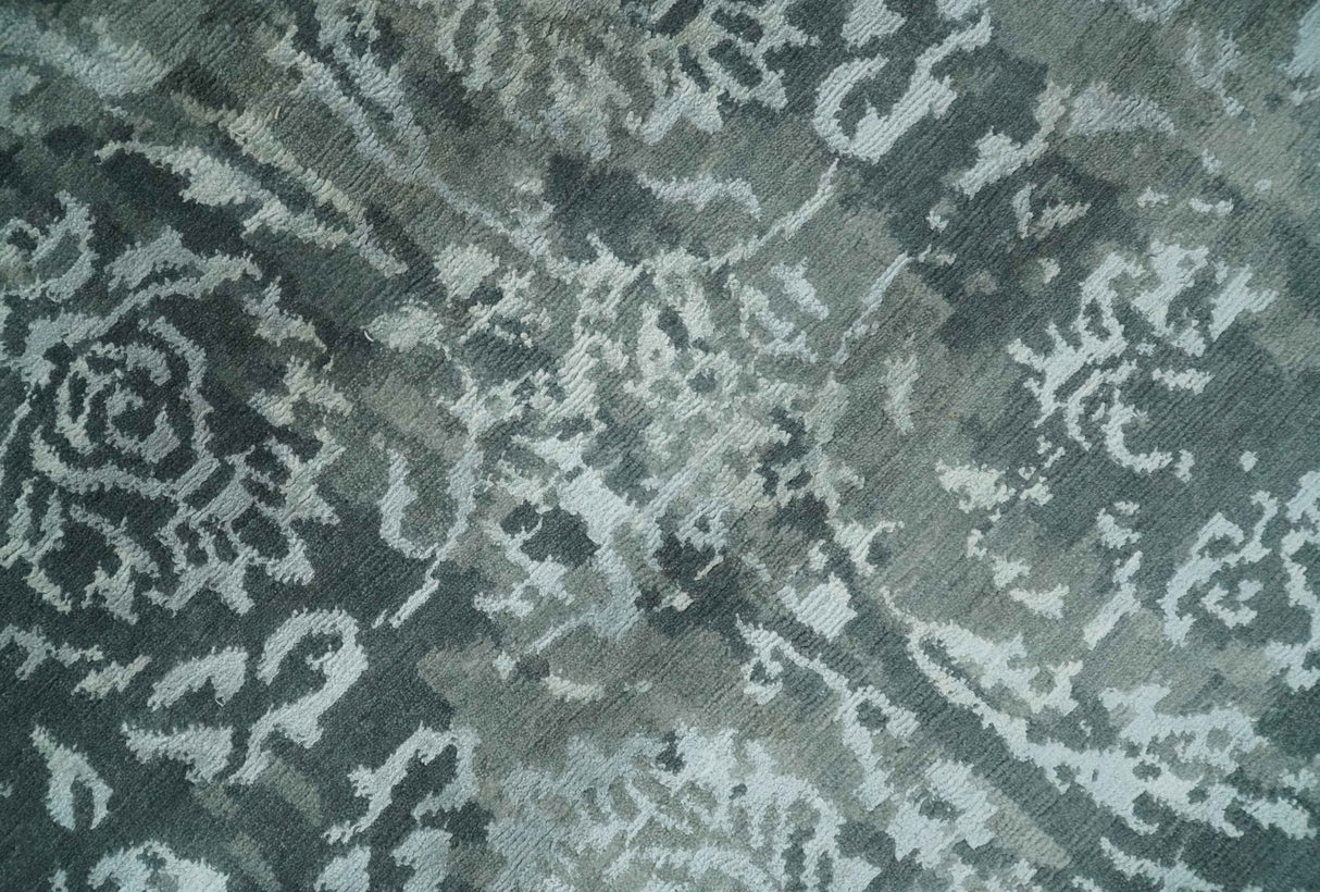 Modern Abstract Charcoal, Grey and Silver Hand Knotted 6x9.4 Floral Wool and Silk Area Rug