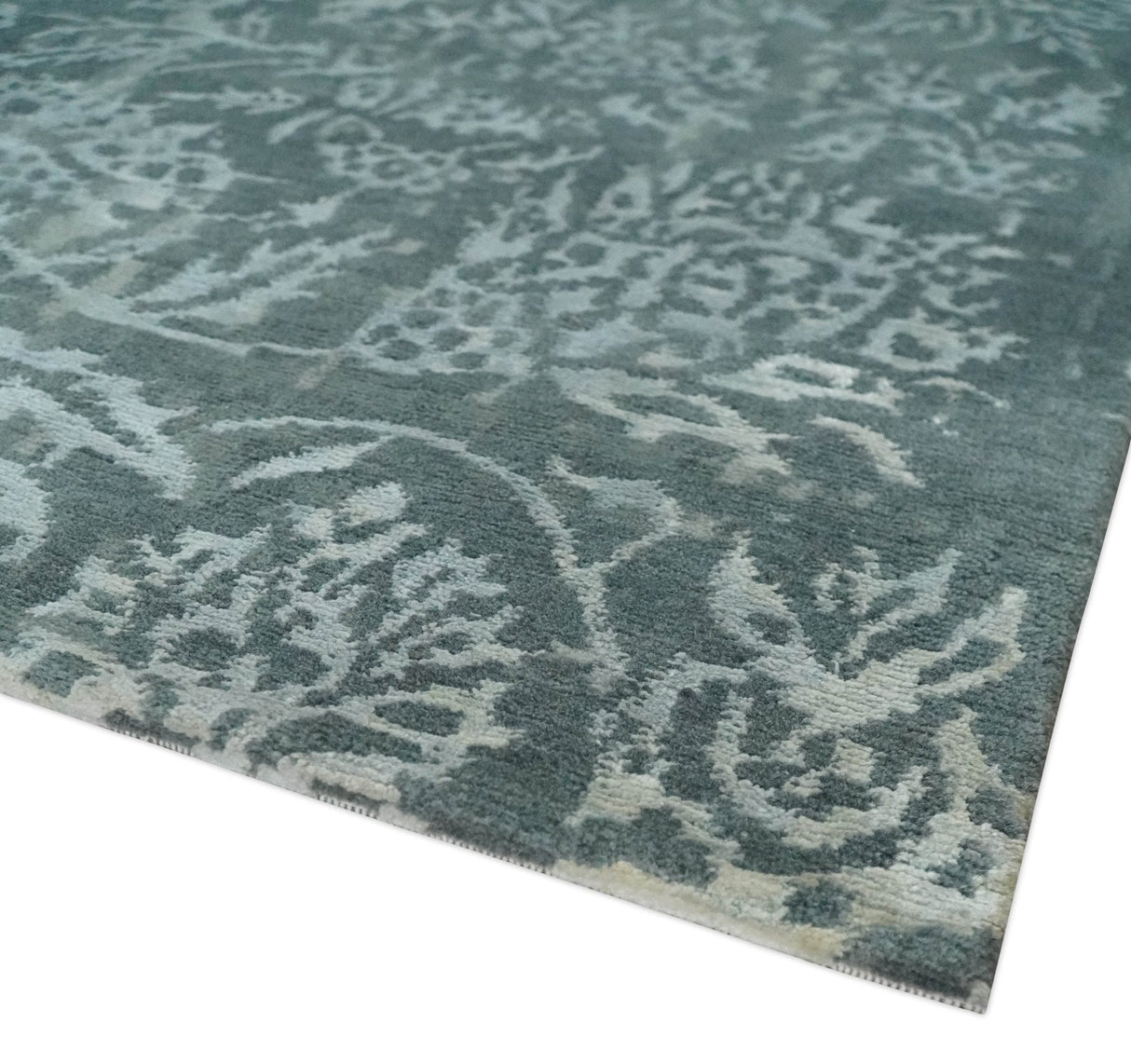 Modern Abstract Charcoal, Grey and Silver Hand Knotted 6x9.4 Floral Wool and Silk Area Rug