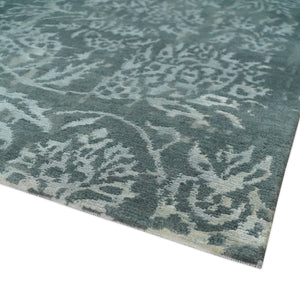 Modern Abstract Charcoal, Grey and Silver Hand Knotted 6x9.4 Floral Wool and Silk Area Rug