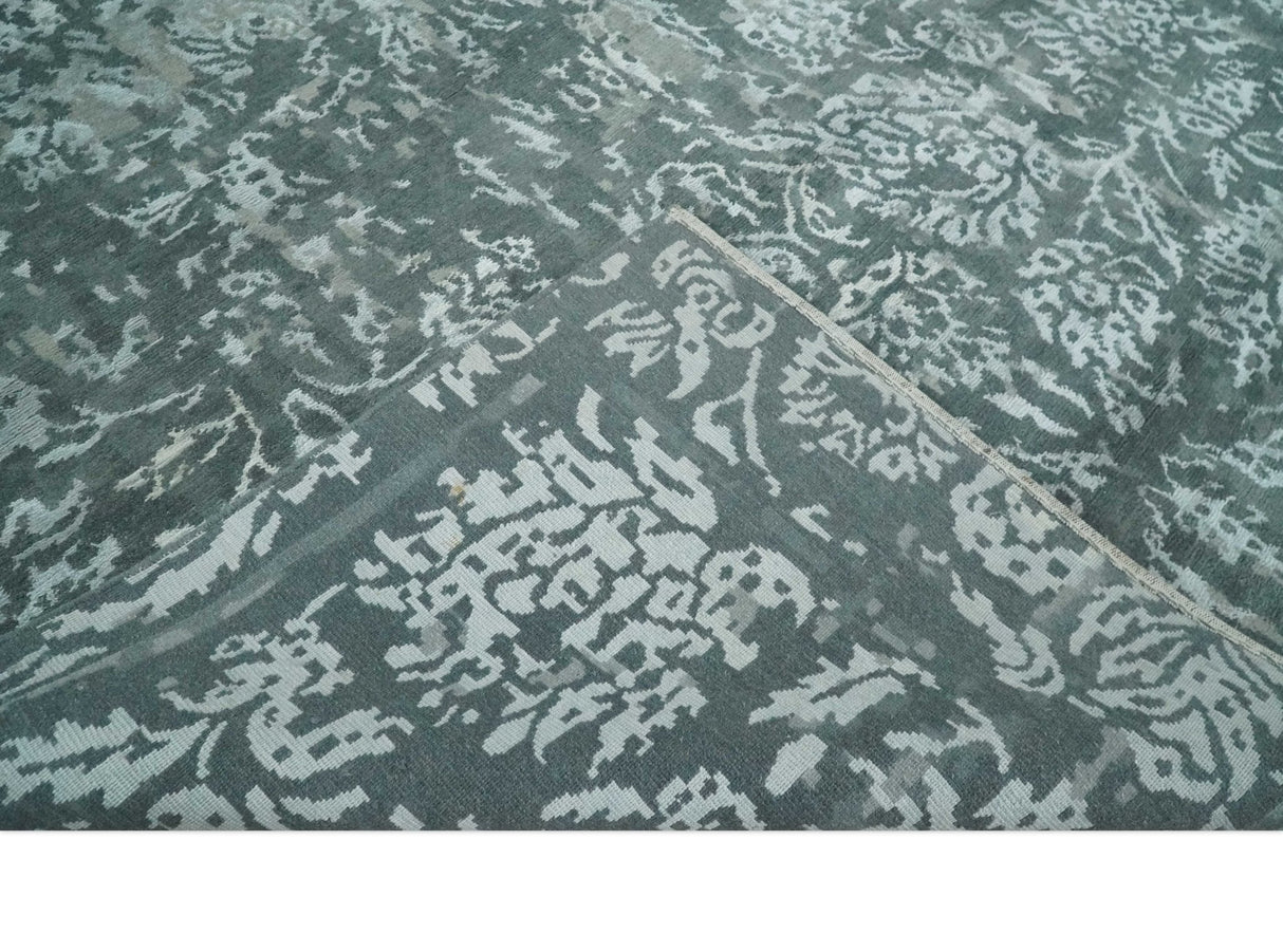 Modern Abstract Charcoal, Grey and Silver Hand Knotted 6x9.4 Floral Wool and Silk Area Rug