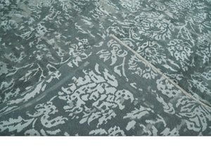 Modern Abstract Charcoal, Grey and Silver Hand Knotted 6x9.4 Floral Wool and Silk Area Rug