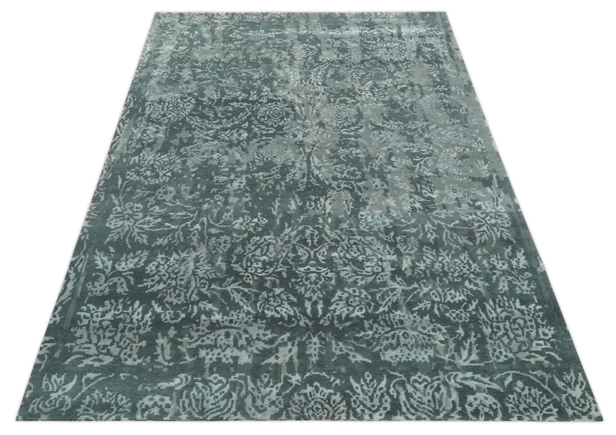 Modern Abstract Charcoal, Grey and Silver Hand Knotted 6x9.4 Floral Wool and Silk Area Rug