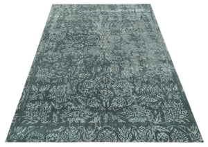 Modern Abstract Charcoal, Grey and Silver Hand Knotted 6x9.4 Floral Wool and Silk Area Rug