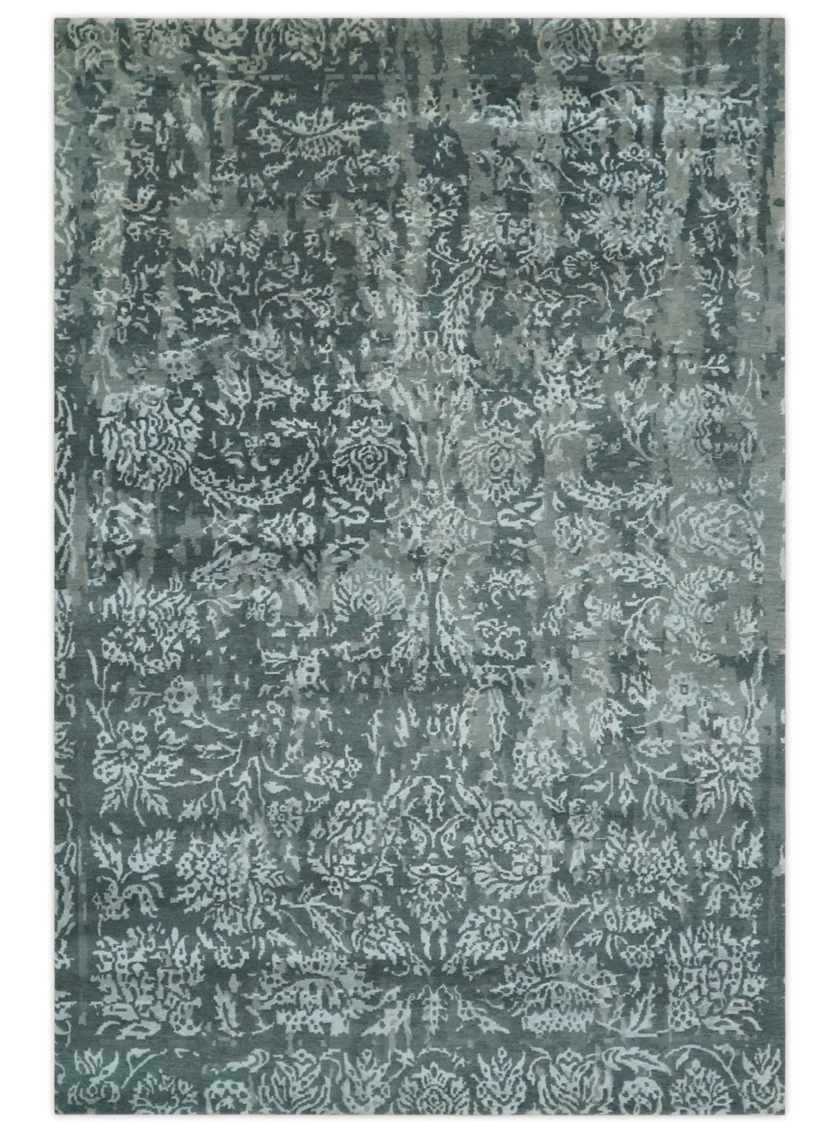 Modern Abstract Charcoal, Grey and Silver Hand Knotted 6x9.4 Floral Wool and Silk Area Rug
