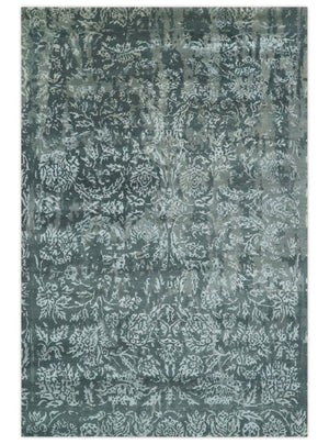 Modern Abstract Charcoal, Grey and Silver Hand Knotted 6x9.4 Floral Wool and Silk Area Rug