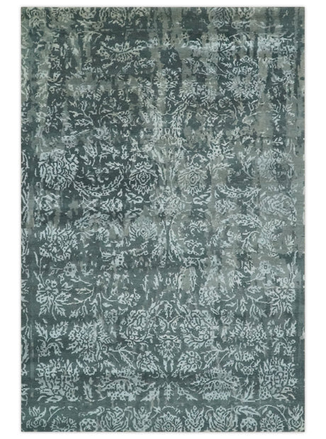 Modern Abstract Charcoal, Grey and Silver Hand Knotted 6x9.4 Floral Wool and Silk Area Rug