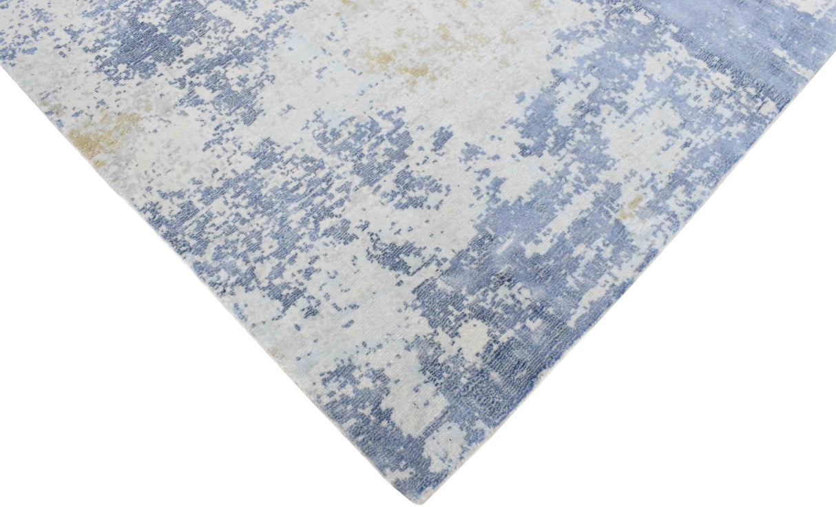 Modern Abstract Design Blue and Ivory Hand Loomed Art Silk Area Rug