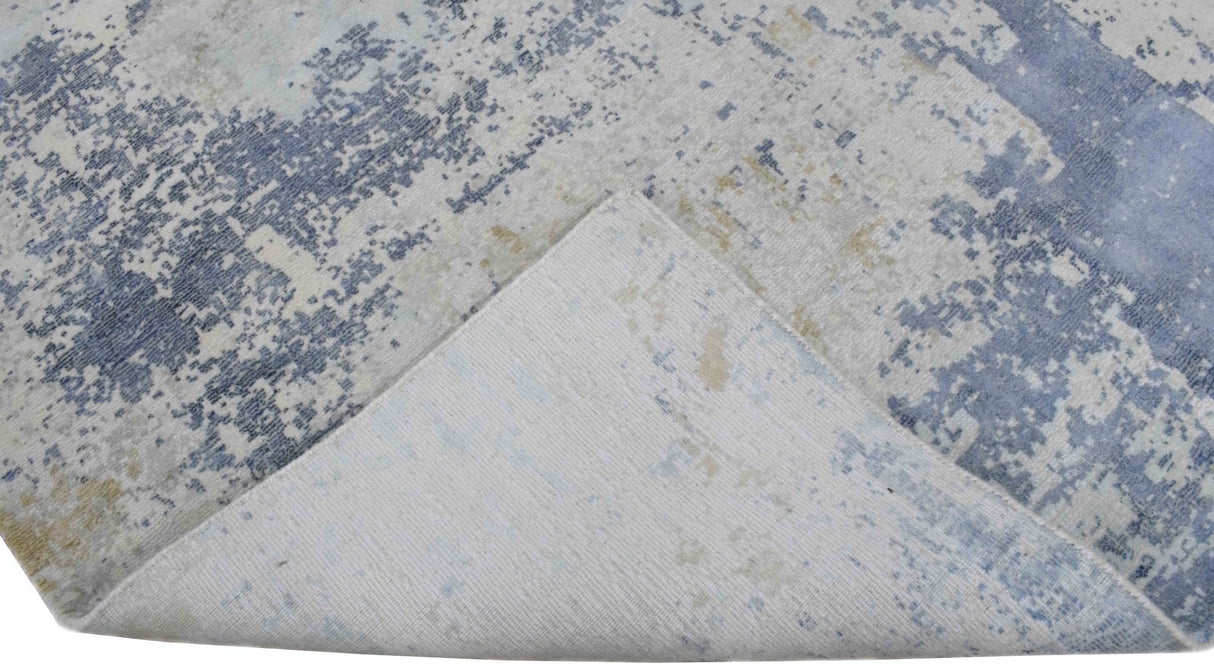 Modern Abstract Design Blue and Ivory Hand Loomed Art Silk Area Rug
