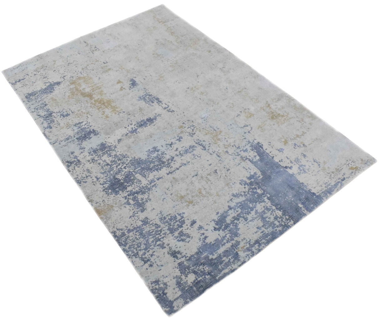 Modern Abstract Design Blue and Ivory Hand Loomed Art Silk Area Rug