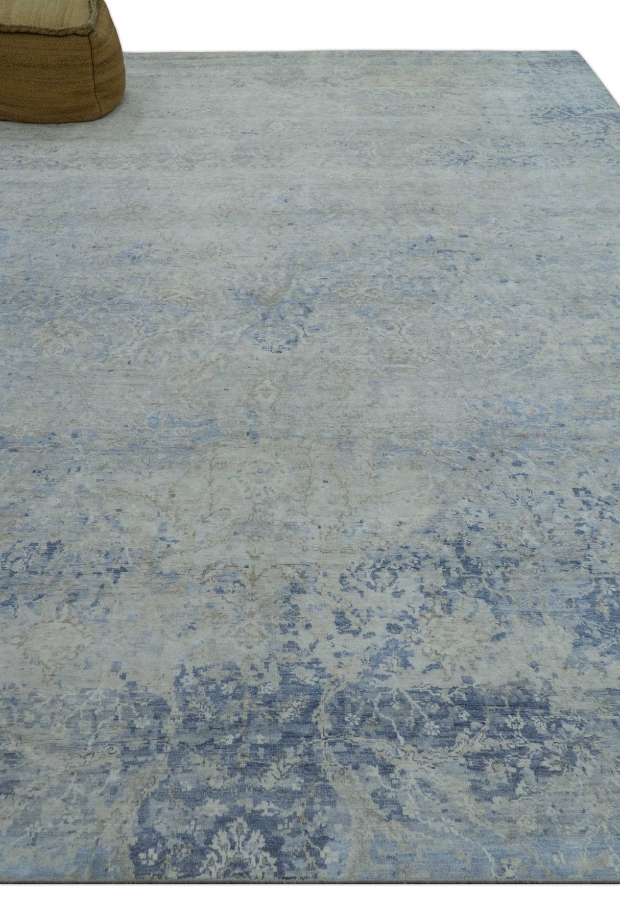 Modern Abstract Design Gray And Blue 10x13 Hand Knotted Bamboo Silk Area Rug