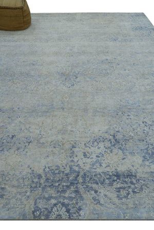 Modern Abstract Design Gray And Blue 10x13 Hand Knotted Bamboo Silk Area Rug