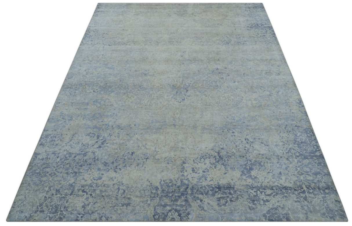 Modern Abstract Design Gray And Blue 10x13 Hand Knotted Bamboo Silk Area Rug