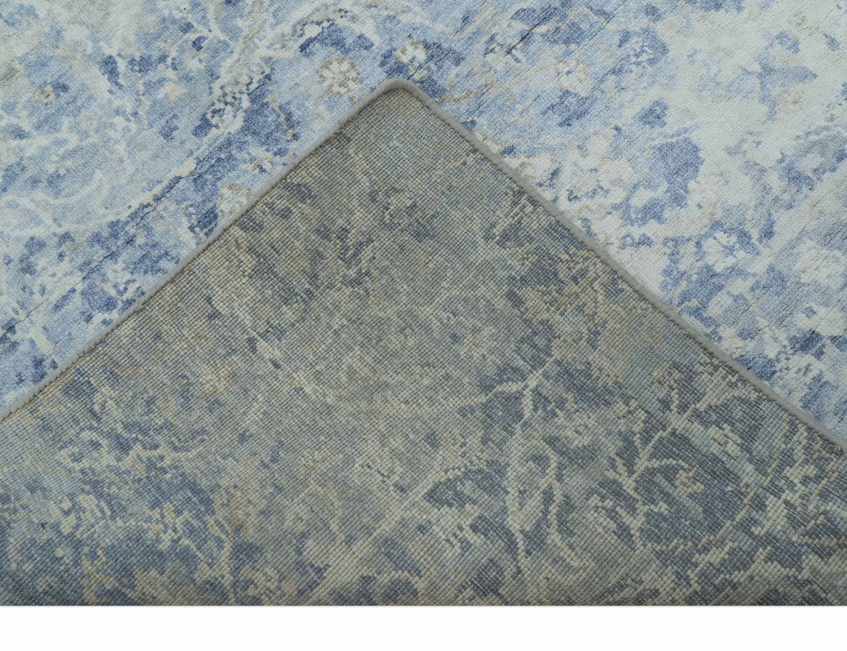 Modern Abstract Design Gray And Blue 10x13 Hand Knotted Bamboo Silk Area Rug