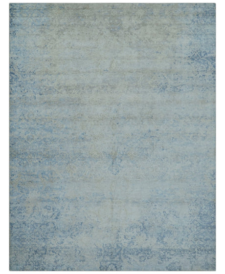 Modern Abstract Design Gray And Blue 10x13 Hand Knotted Bamboo Silk Area Rug