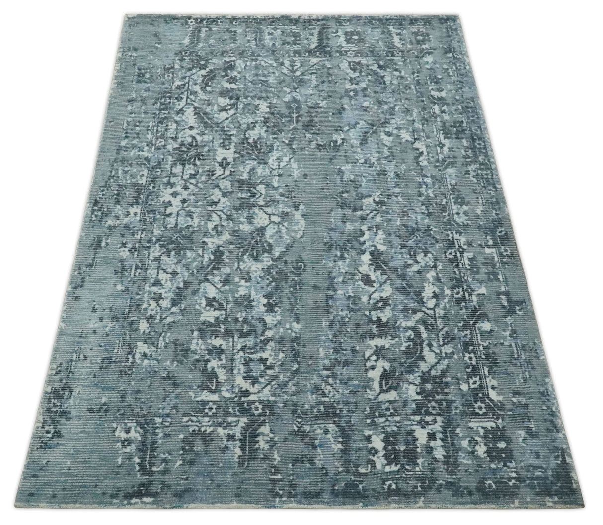 Modern Abstract Gray, Blue, Charcoal and Ivory 5x8 Hand loom wool and Viscose Area Rug