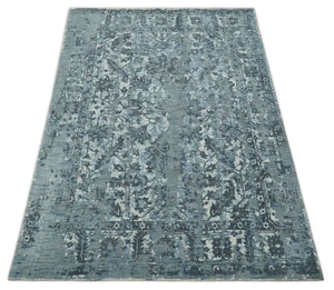 Modern Abstract Gray, Blue, Charcoal and Ivory 5x8 Hand loom wool and Viscose Area Rug