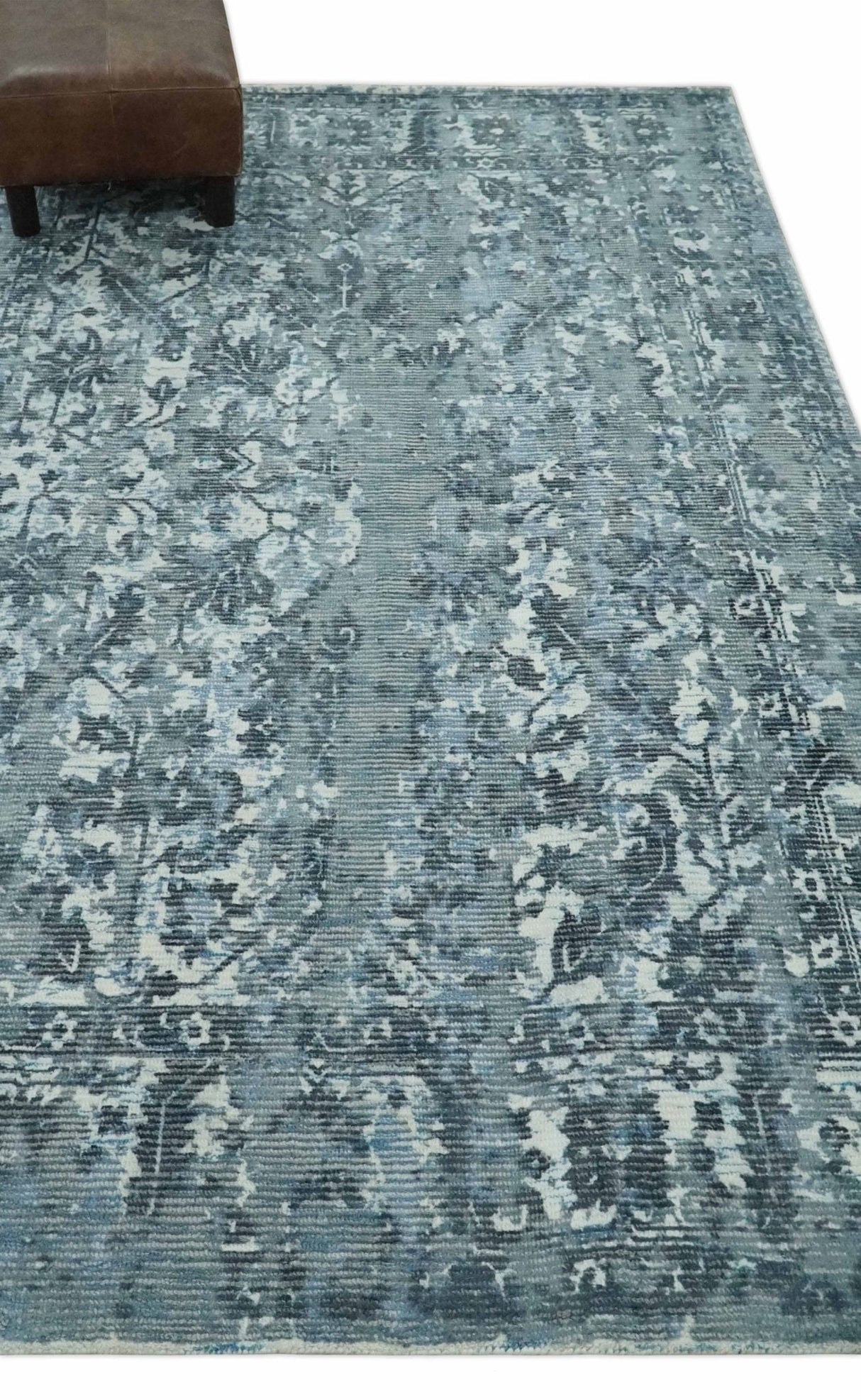 Modern Abstract Gray, Blue, Charcoal and Ivory 5x8 Hand loom wool and Viscose Area Rug