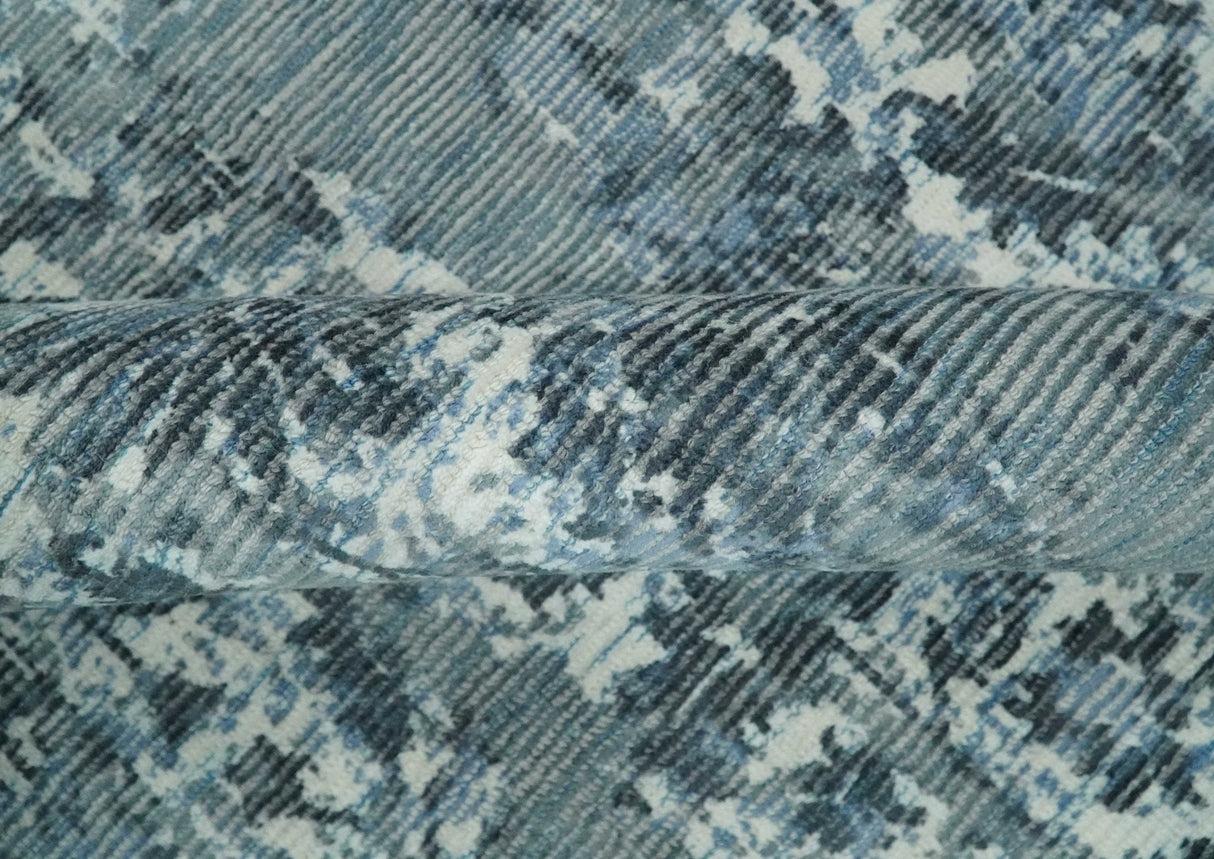 Modern Abstract Gray, Blue, Charcoal and Ivory 5x8 Hand loom wool and Viscose Area Rug