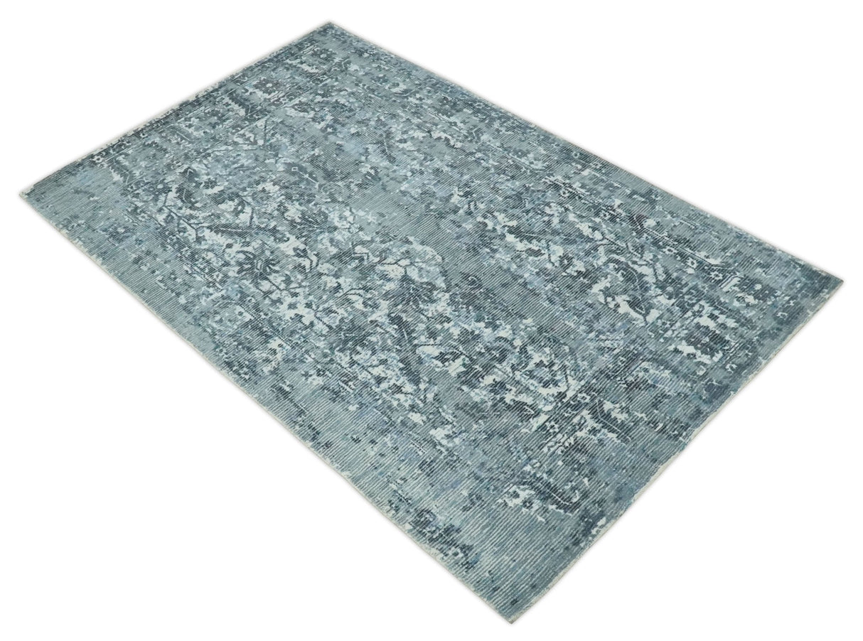 Modern Abstract Gray, Blue, Charcoal and Ivory 5x8 Hand loom wool and Viscose Area Rug